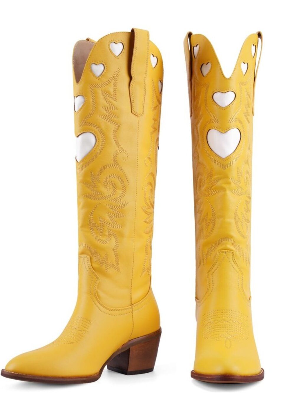 Knee High Boots for Women Heart Embroidered Western Boots Round Toe